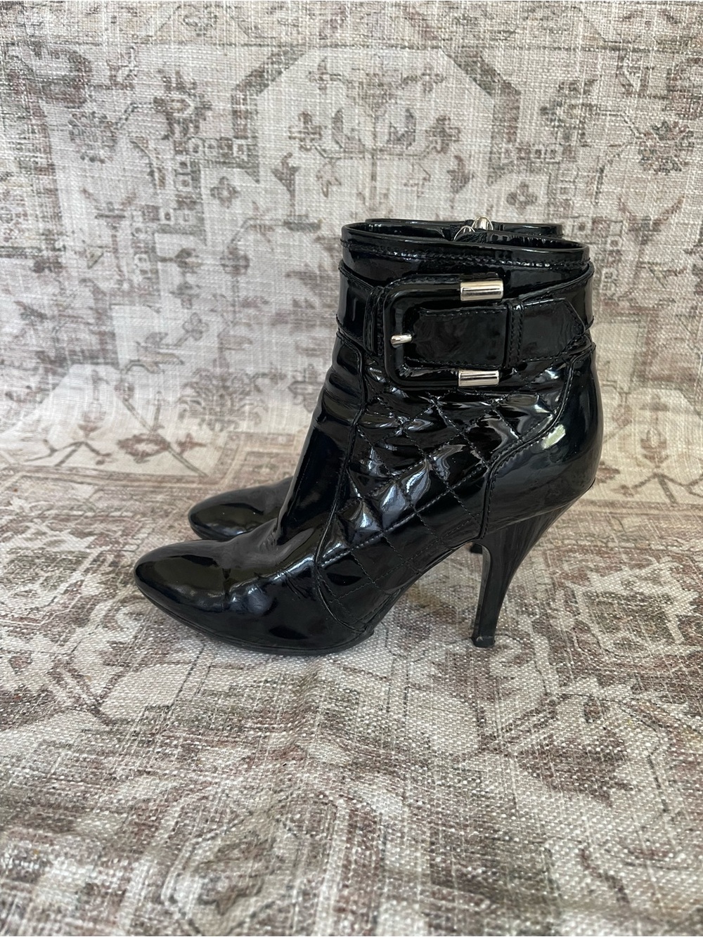 Burberry Black Quilted Patent Ankle Booties with Buckle Accent
